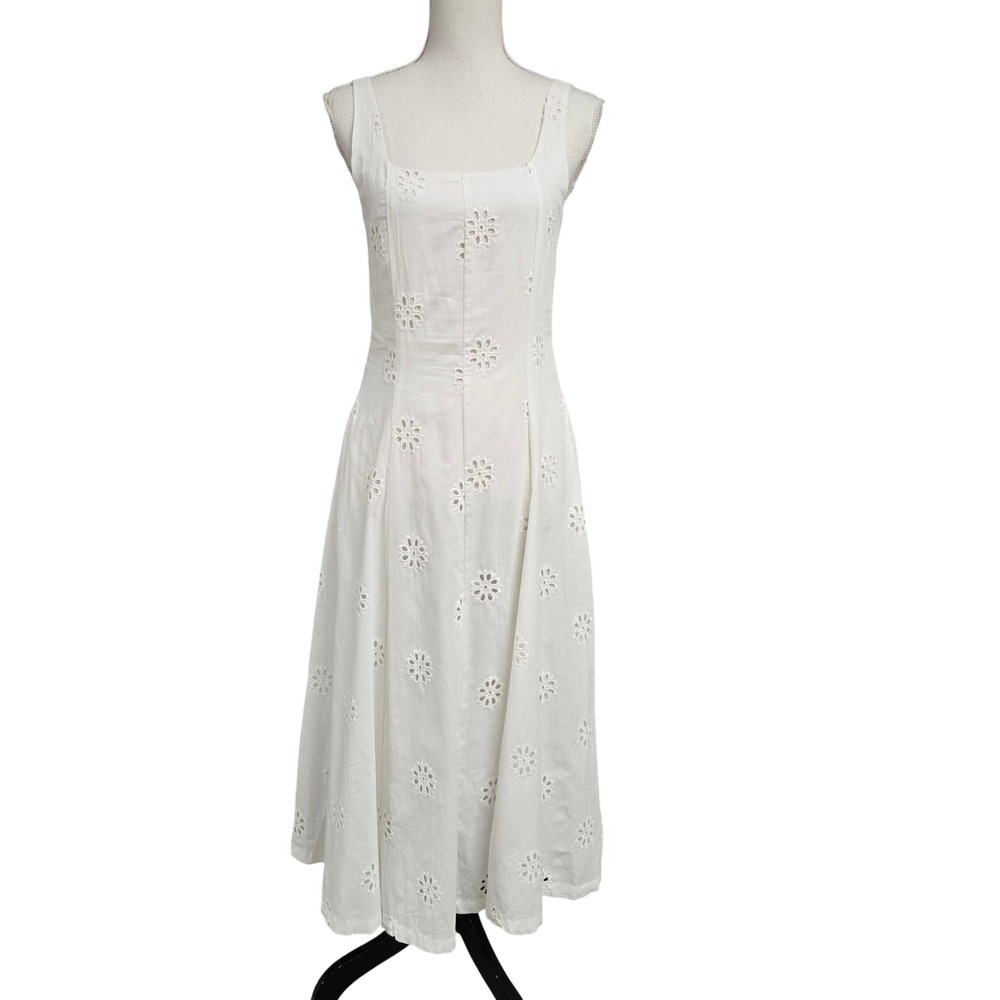 Nicole Miller New York Eyelet Cotton Midi Dress Smocked Back White Womens XS